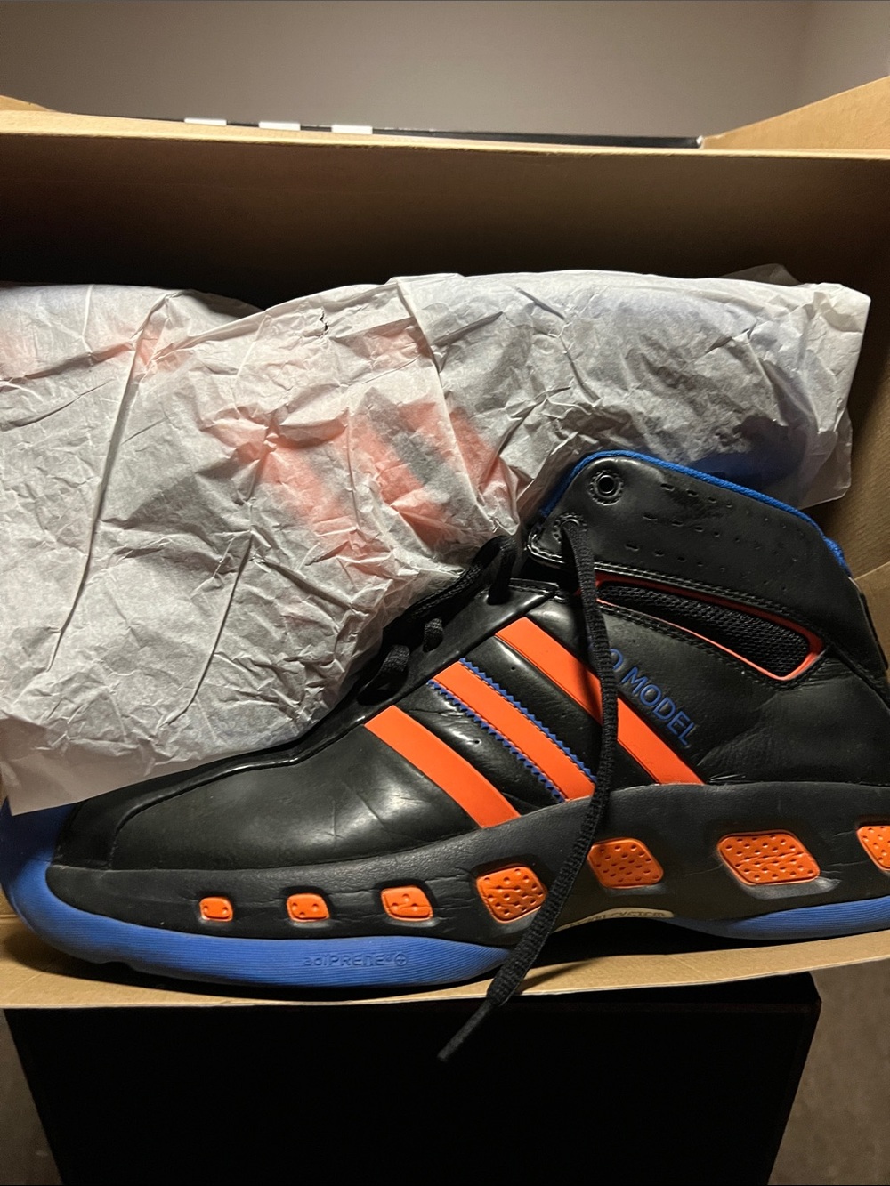 Adidas Black High-Top Sneakers with Orange Stripes and Blue Accents Sz 14.5